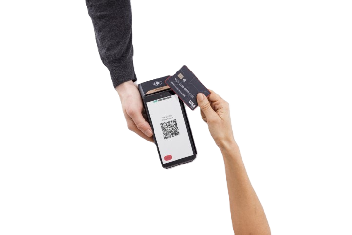 A person swiping a payment card over a POS payment terminal.